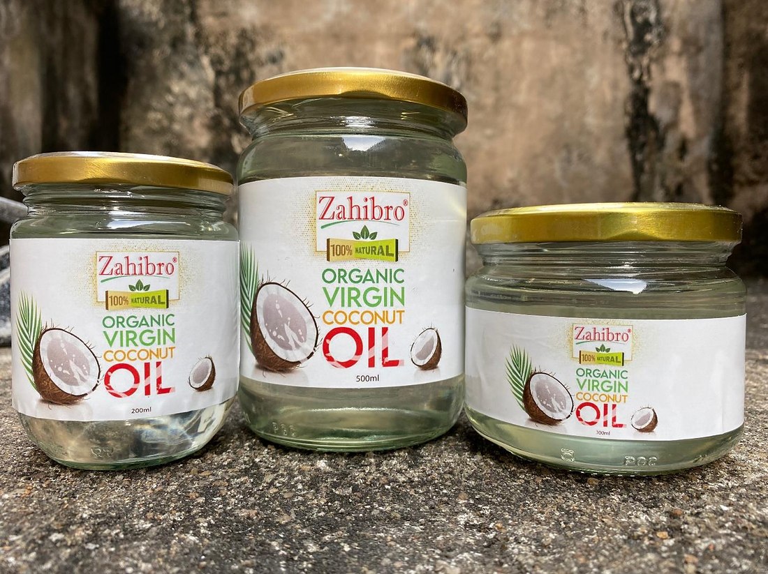 Zahibro virgin coconut oil in 200ml, 350ml and 500ml glass jars