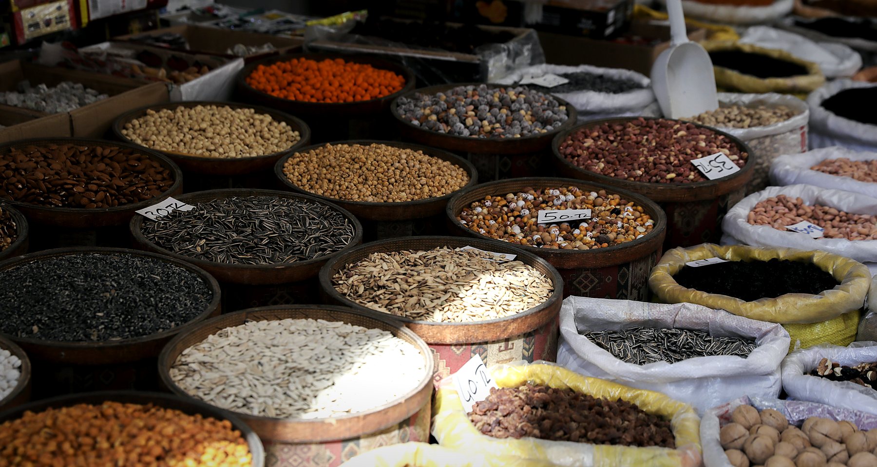 Commodity market stalls showing the breadth of products traded across global markets