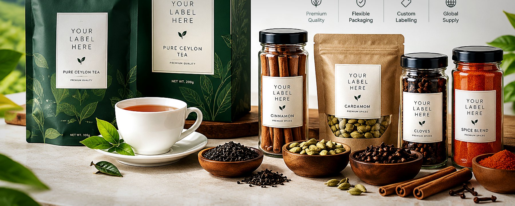 Private label tea and spice packaging mockups ready for custom branding