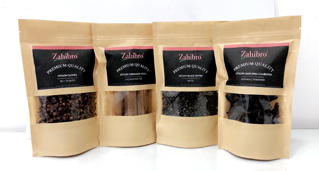 Zahibro kraft pouches of Ceylon cloves, cinnamon sticks, black pepper and goraka