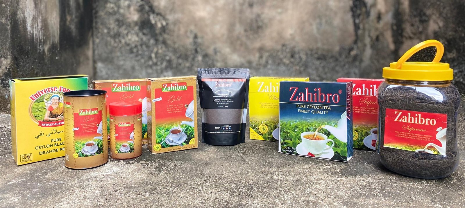 Zahibro Pure Ceylon Tea in cartons, tins, a pouch and a jar